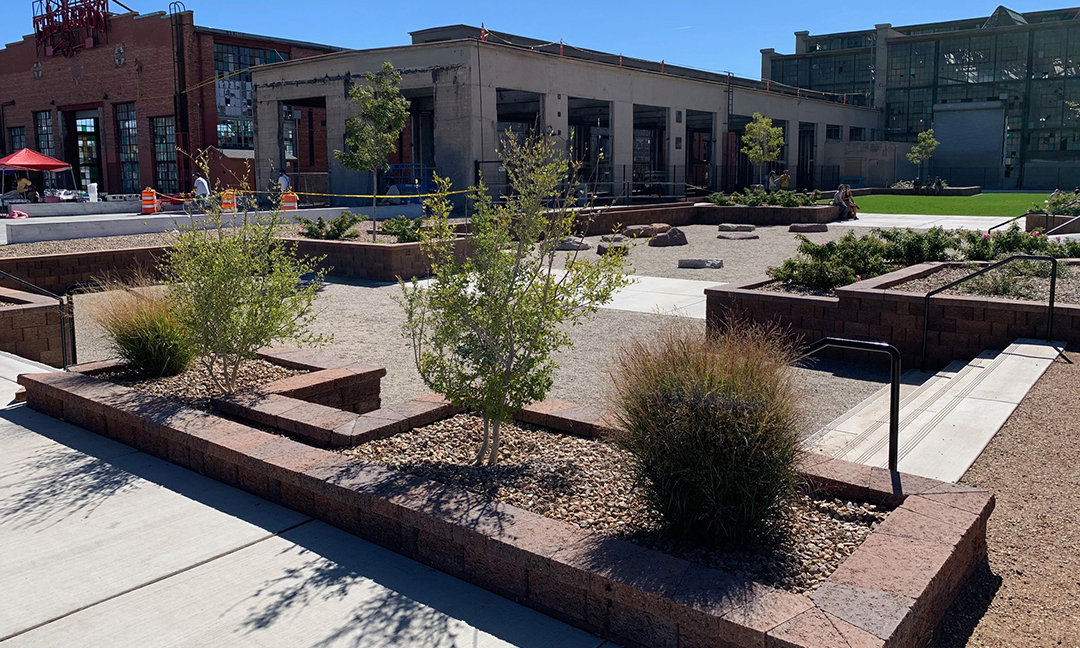 The Railyards in Albuquerque showing xeriscape and water runoff treatment